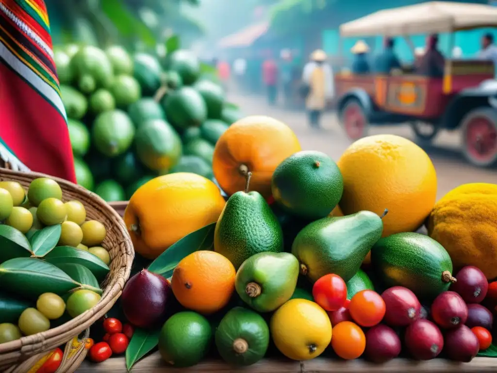 Escena vibrante en mercado peruano con maracuyás frescos