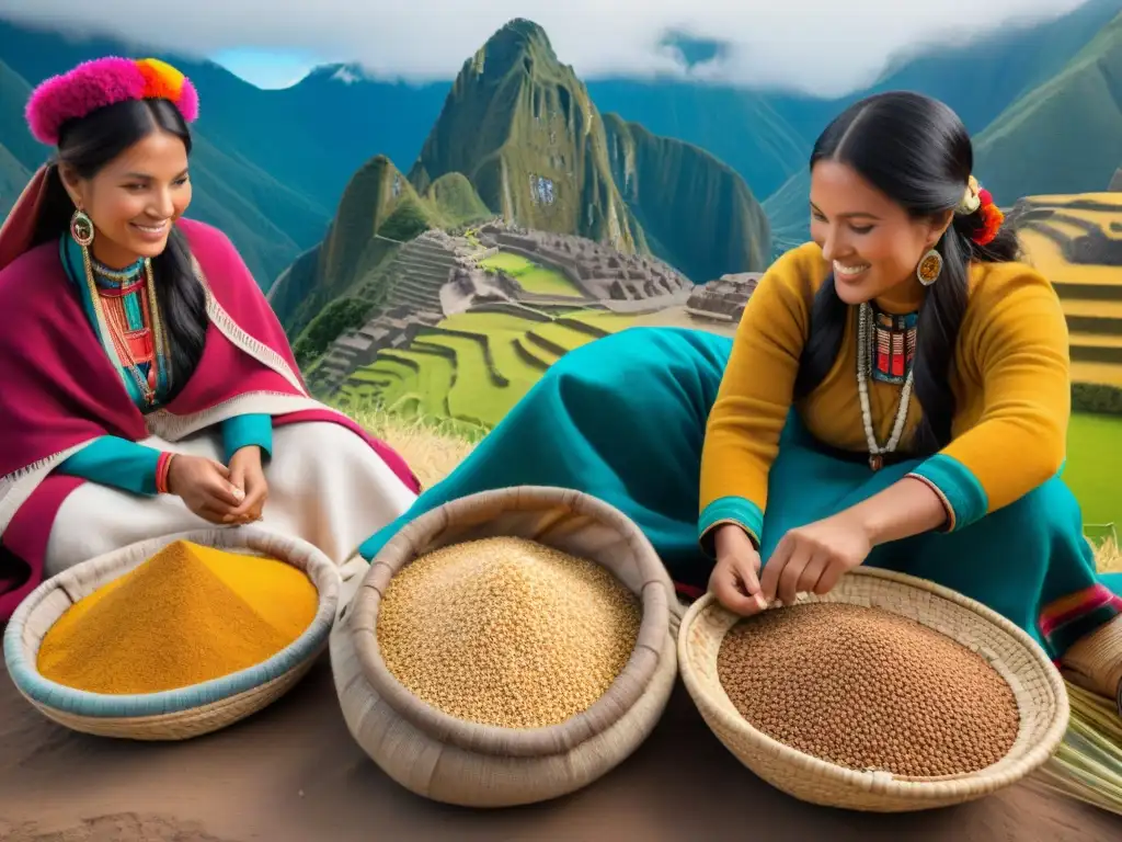 Escena vibrante en un mercado peruano con kiwicha colorida, mujeres indígenas y beneficios nutricionales kiwicha gastronomía peruana