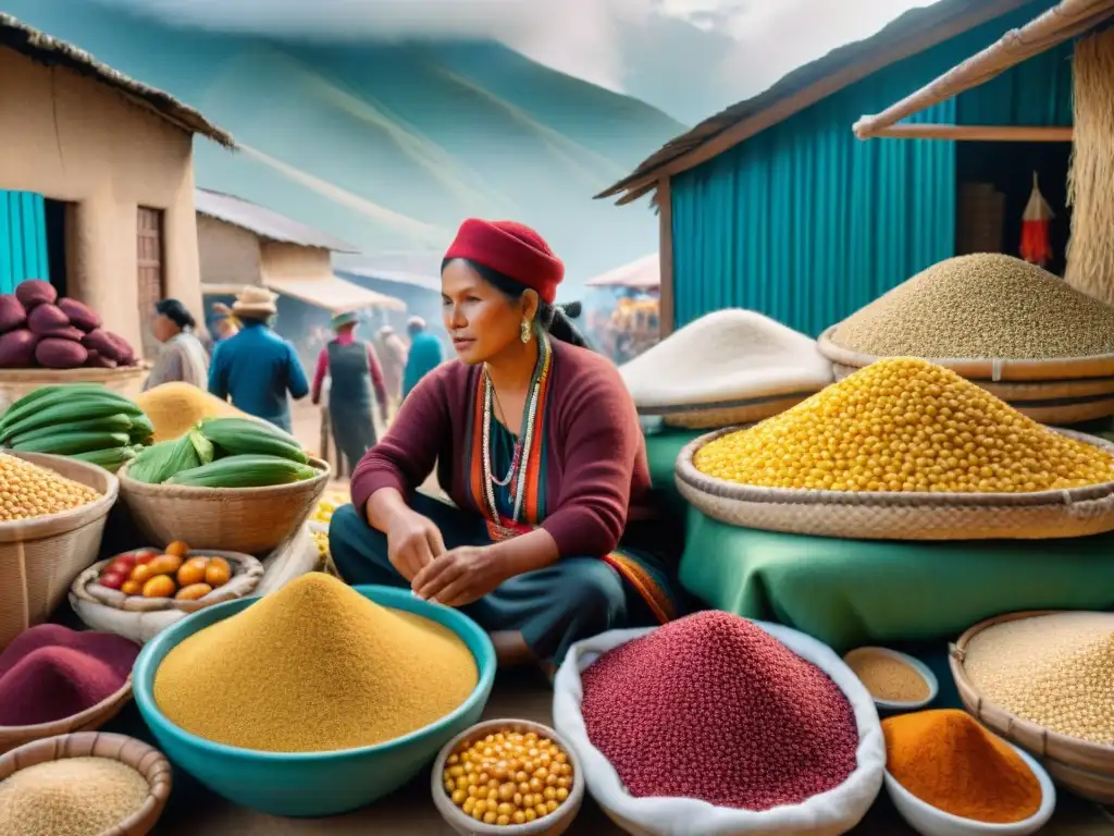 Mercado peruano vibrante: ingredientes indígenas en 8k Escena vibrante de mercado peruano con ingredientes autóctonos como quinoa y maíz