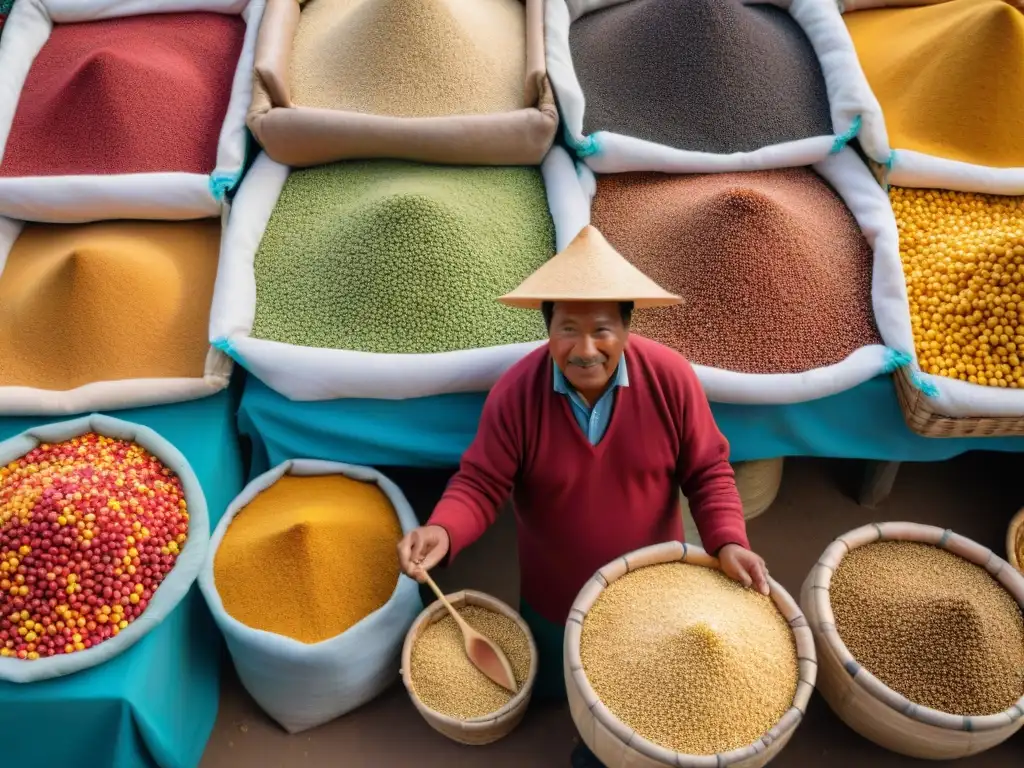 Bullicioso mercado peruano: Maíz y quinua vibrantes Escena vibrante de mercado peruano con variedades de quinua y maíz