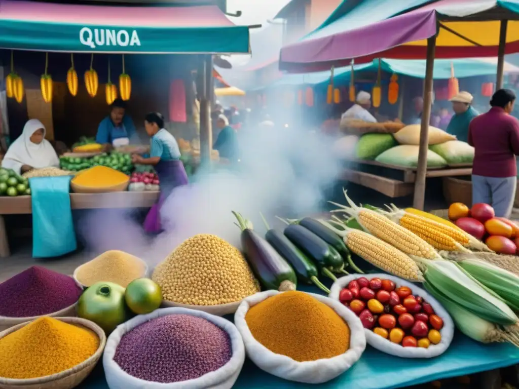 Escena vibrante de mercado peruano con ingredientes autóctonos y cultura gastronómica