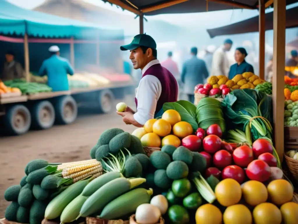 Escena vibrante en mercado peruano con compromiso en cocina sostenible