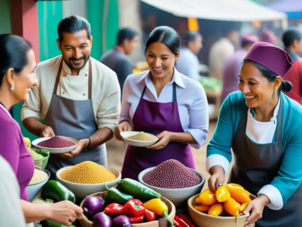 Escena vibrante de mercado peruano con chef y clientes diversos