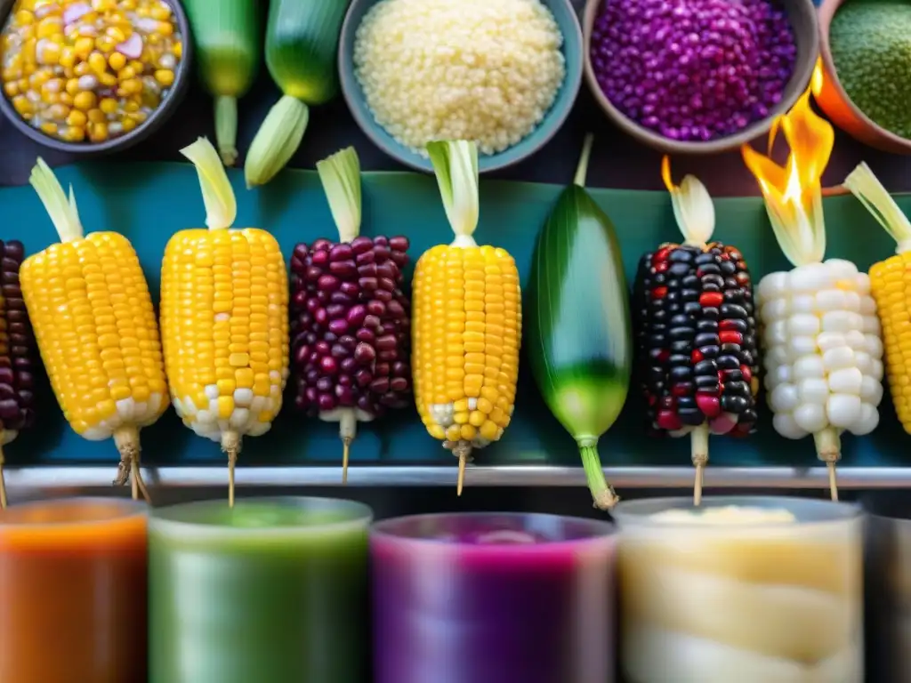 Una escena vibrante de un mercado peruano con chefs preparando platos tradicionales, evocando la gastronomía peruana chefs restaurantes mundial