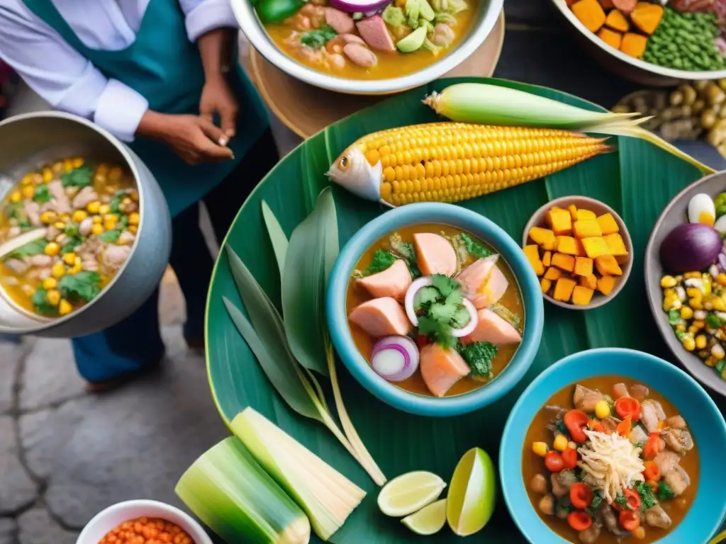 Escena vibrante de un mercado peruano con la preparación experta de cebiche peruano auténtico tradicional, colores y sabores únicos