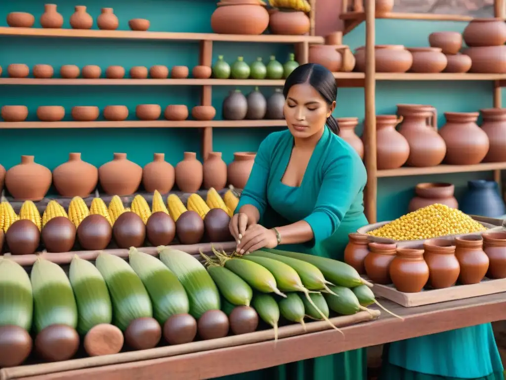 Escena vibrante en mercado peruano con historia de bebidas peruanas autóctonas