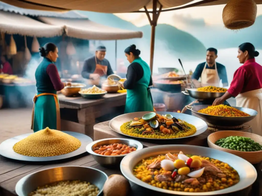 Una escena vibrante de un mercado peruano, reflejando la transformación gastronómica a través del mestizaje