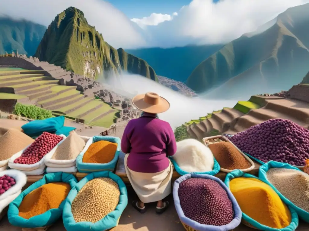 Escena vibrante en un mercado peruano con frutas, verduras y especias