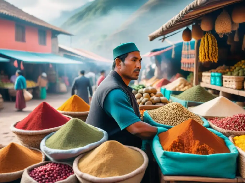 Escena vibrante en mercado peruano con influencias culinarias en la gastronomía peruana