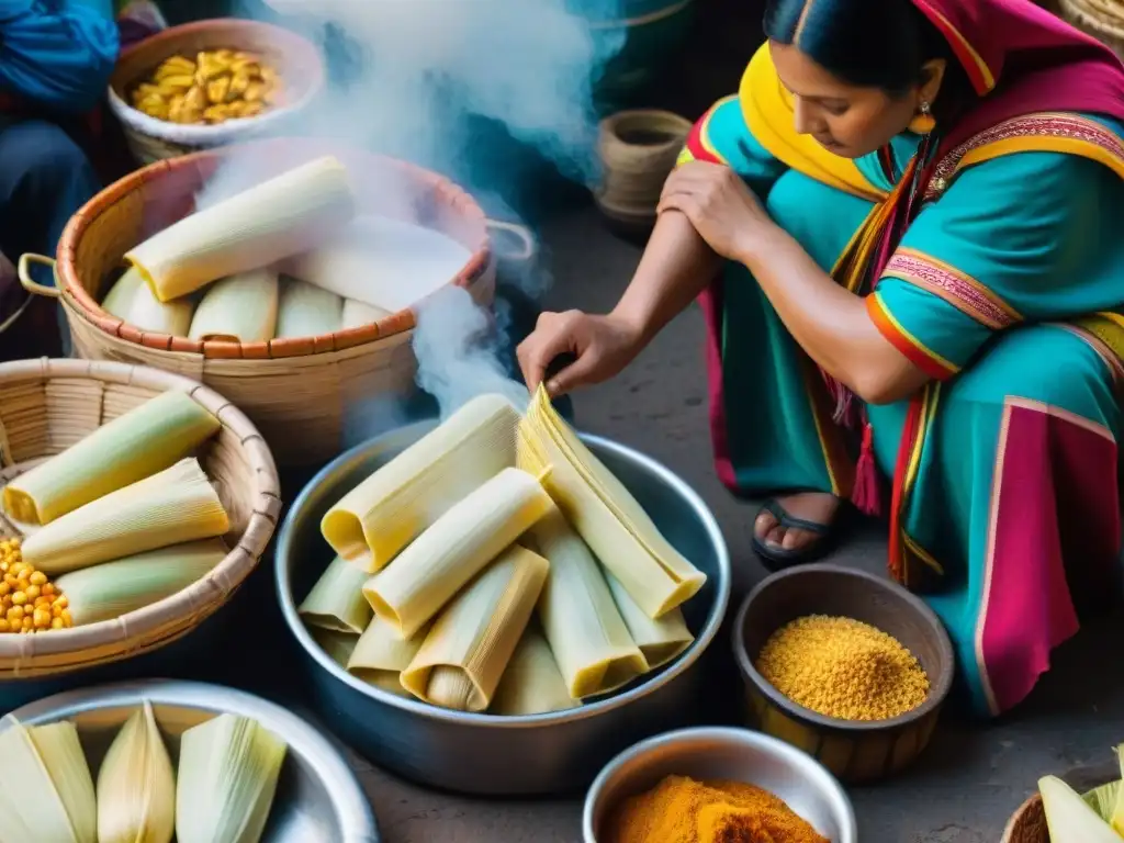 Escena vibrante de mercado peruano con vendedores y tamales, mostrando la evolución del tamal peruano tradicional