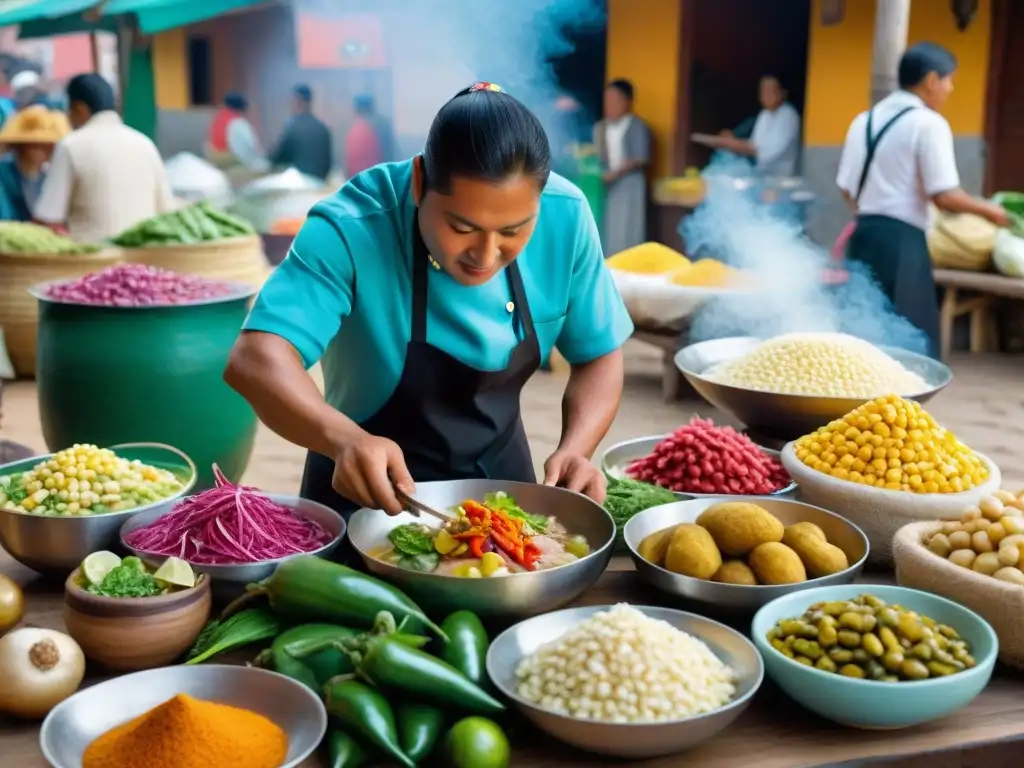 Escena vibrante en mercado peruano con chef preparando ceviche