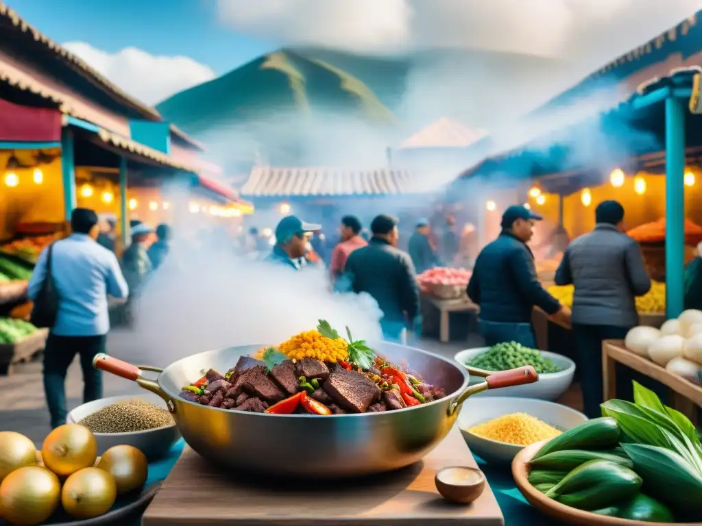 Escena vibrante de mercado peruano con colores, multitudes y chef preparando lomo saltado