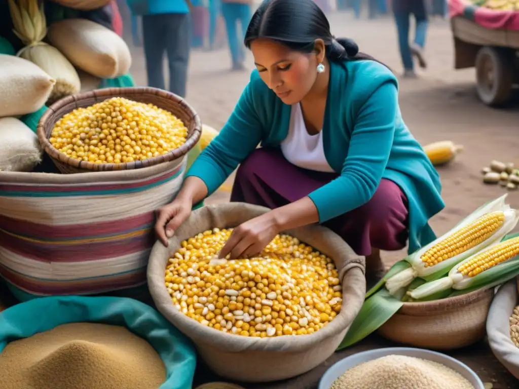 Mercado peruano: maíz vibrante y tradiciones ancestrales Escena vibrante en mercado peruano con variedades de maíz, vendedores y ruinas incas, reflejando la historia del maíz en Perú