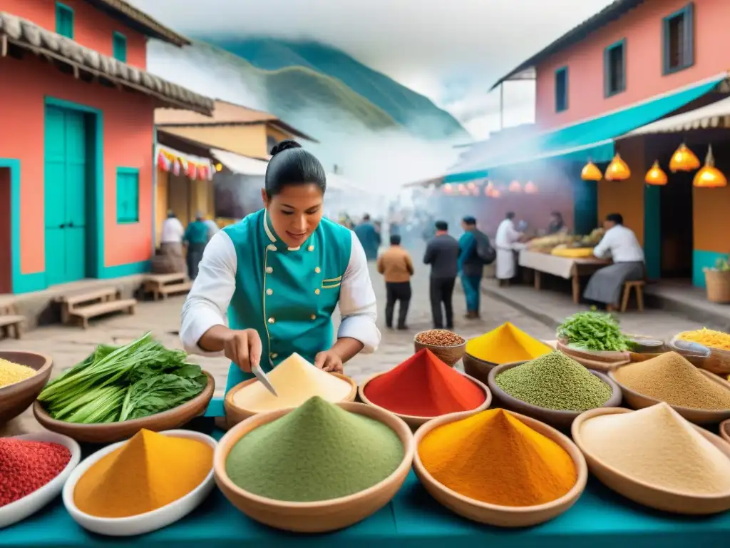 Escena vibrante en mercado peruano, fusionando ingredientes italianos y peruanos