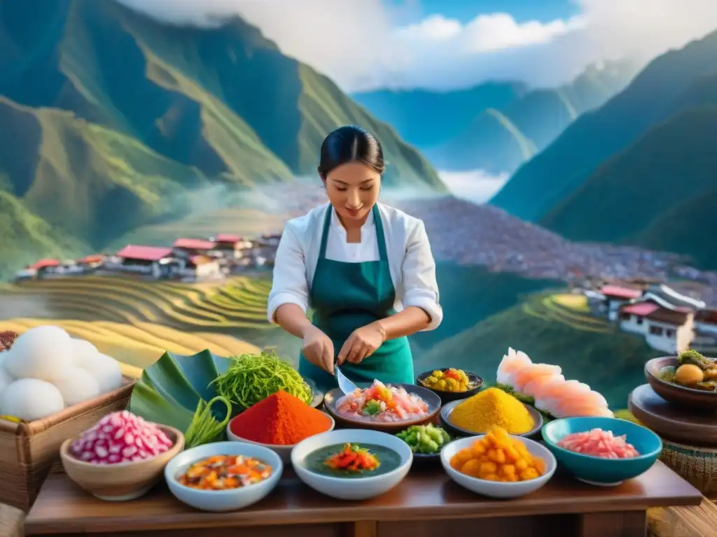 Escena vibrante en mercado peruano fusionando ingredientes y técnicas japonesas