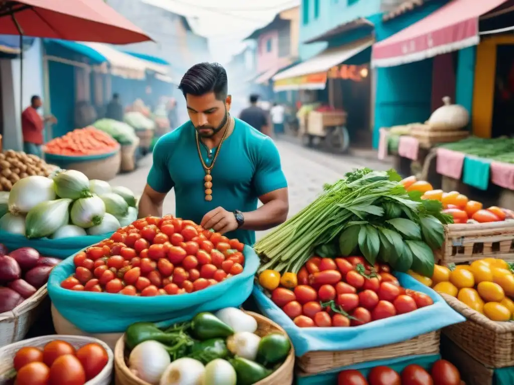 Escena vibrante de mercado peruano con ingredientes coloridos y vendedores locales en diálogo