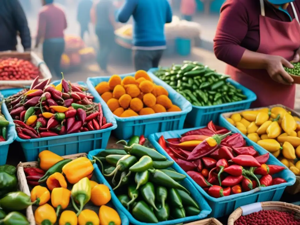 Una escena vibrante en un mercado peruano con variedad de ajíes resalta la importancia del ají en Perú