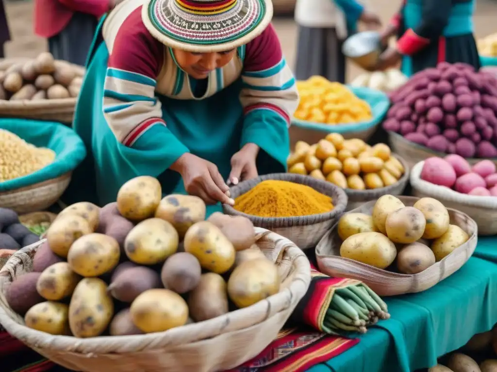 Escena vibrante de mercado peruano con papas de distintas formas y colores en cestas tejidas