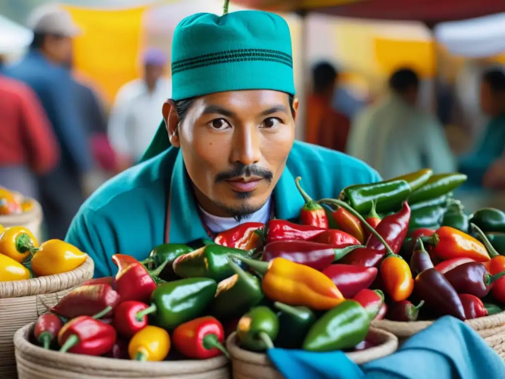 Escena vibrante de mercado peruano con variedad de ajíes coloridos