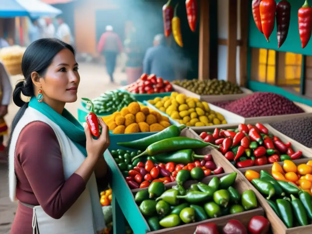 Una escena vibrante en un mercado peruano con propiedades medicinales del Ají peruano