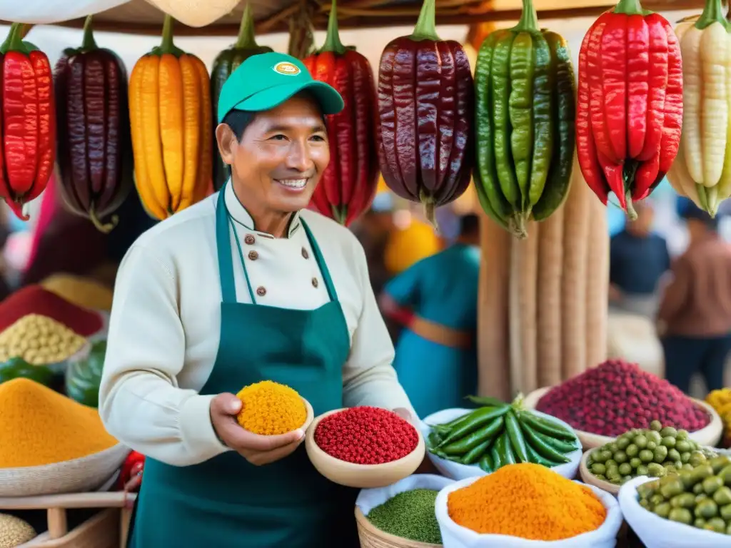 Una escena vibrante en un mercado peruano tradicional resalta la Importancia del Ají en gastronomía peruana