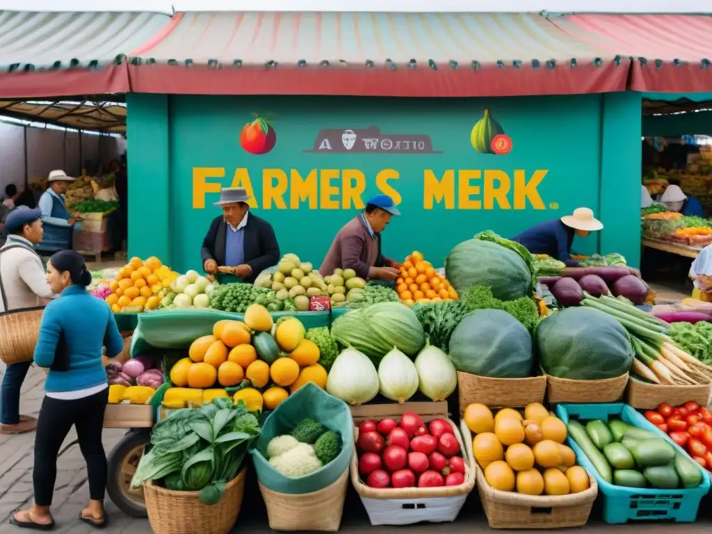 Escena vibrante en mercado peruano con startups alimentos saludables, vendedores locales y clientes felices