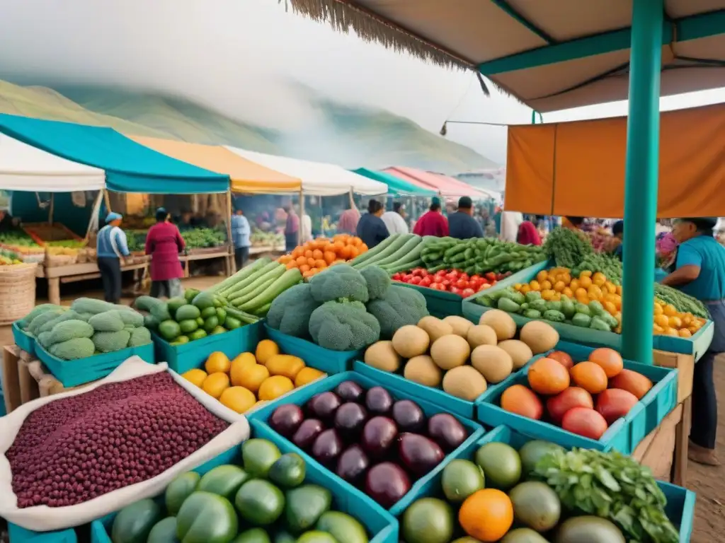 Escena vibrante de mercado peruano con frutas y verduras frescas