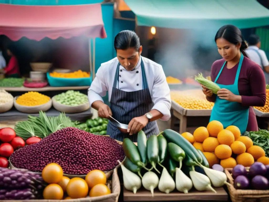 Escena vibrante de mercado peruano con Big Data en cocina peruana, fusionando tradición culinaria y tecnología