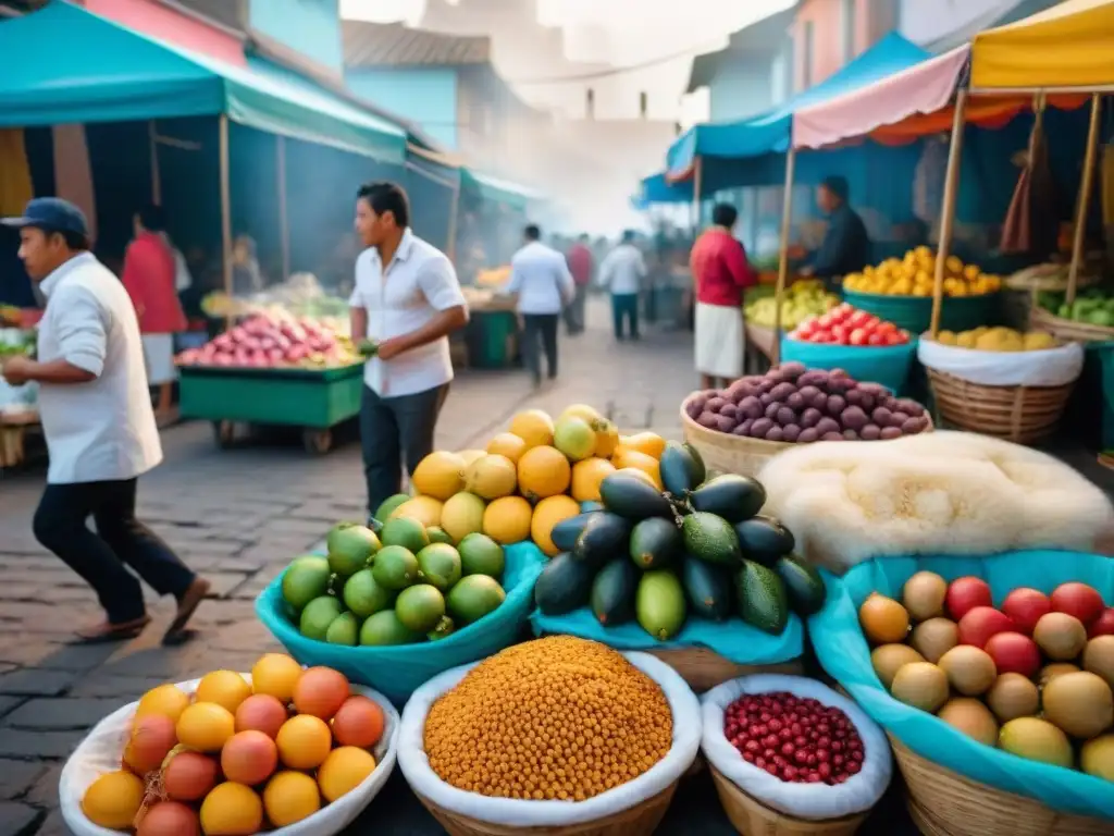 Escena vibrante de mercado peruano con colores y sabores auténticos