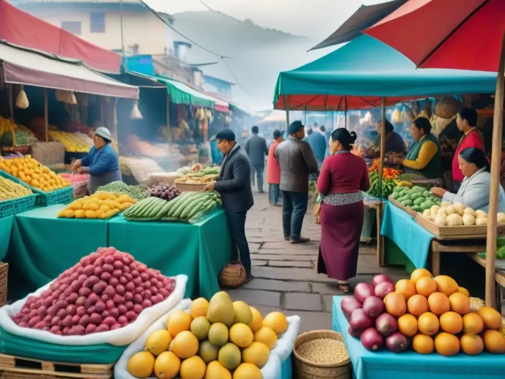 Escena vibrante en mercado peruano con clientes disfrutando de comida tradicional