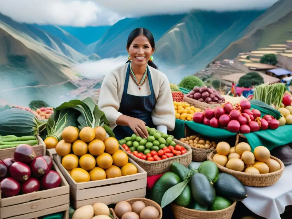 Escena vibrante de un mercado peruano con frutas, verduras y platos tradicionales, promoviendo la gastronomía peruana en redes sociales