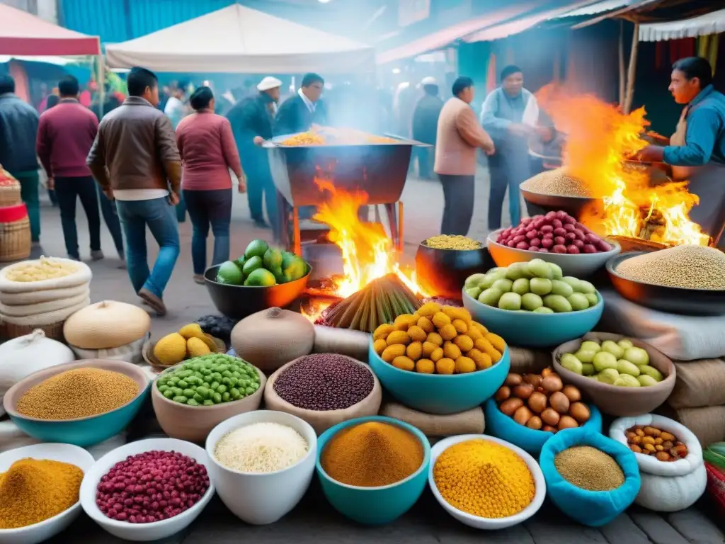 Escena vibrante de un mercado peruano, promoción gastronomía peruana en redes sociales