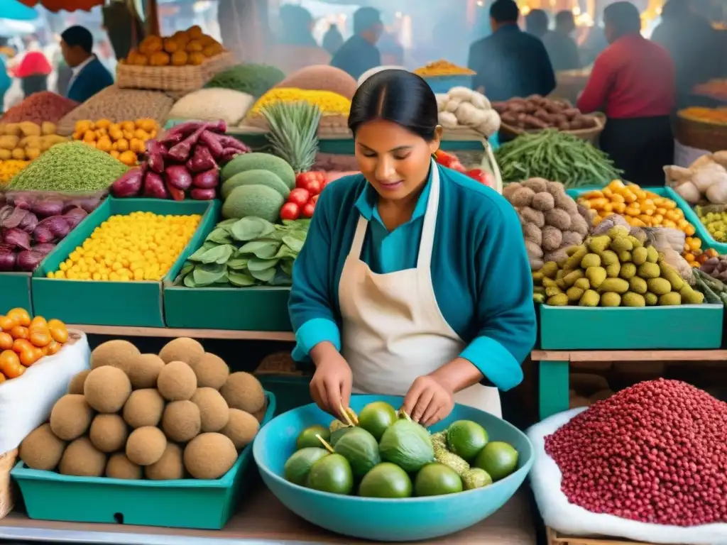 Escena vibrante de mercado peruano con chefs expertos en anticuchos y colores de frutas y verduras