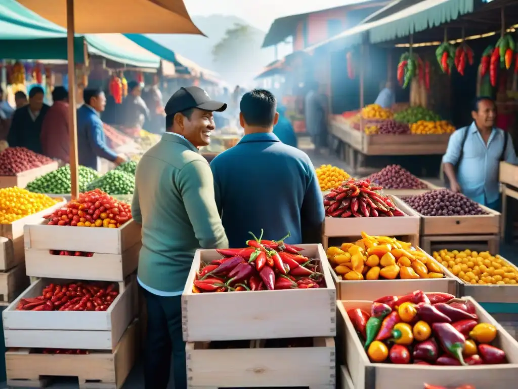 Escena vibrante de mercado peruano con variedad de ajíes coloridos en cajas de madera