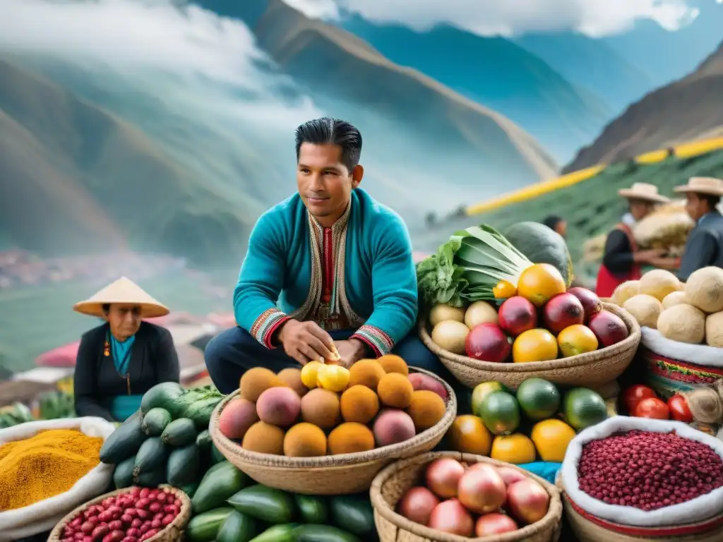 Una escena vibrante de un mercado peruano con colores y productos únicos de la cocina peruana para principiantes