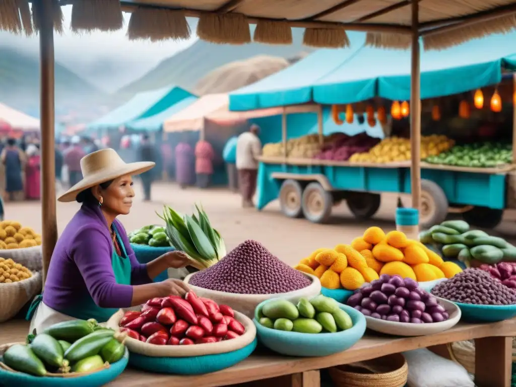 Escena vibrante de mercado peruano tradicional con coloridas frutas y verduras