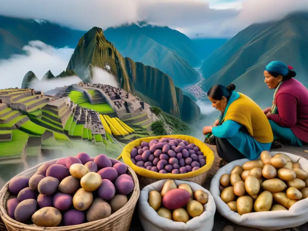 Una escena vibrante de un mercado peruano con papas de colores en cestas tejidas