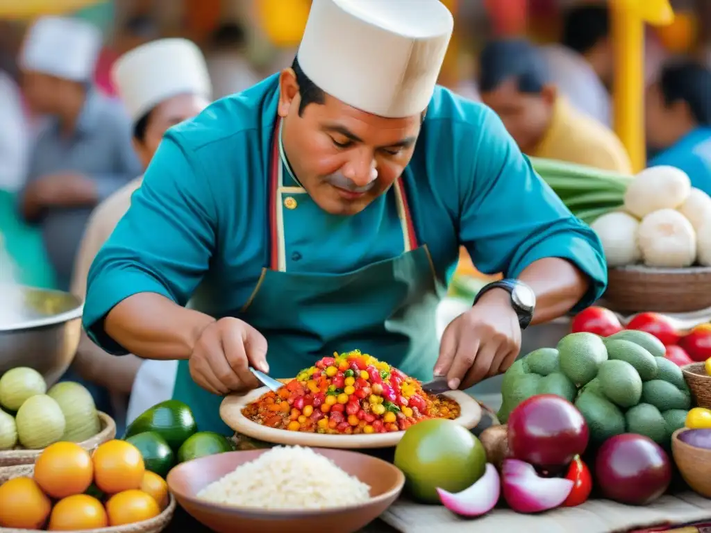 Escena vibrante de un mercado peruano con chef preparando ceviche, reflejando la rica cultura culinaria peruana revistas gastronomía