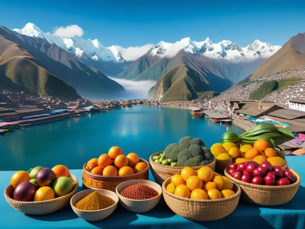 Escena vibrante de un mercado peruano con frutas, verduras y especias coloridas en cestas tejidas, locales en trajes típicos y los Andes de fondo