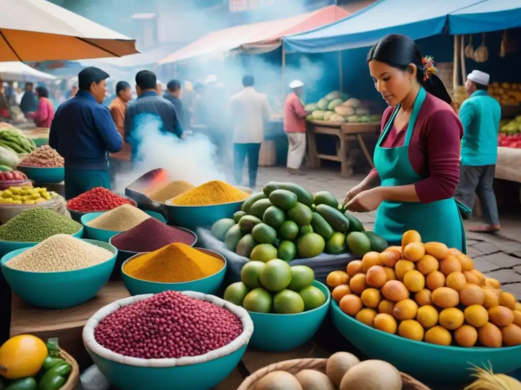 Escena vibrante de mercado peruano con coloridas frutas, platos tradicionales y actividad bulliciosa