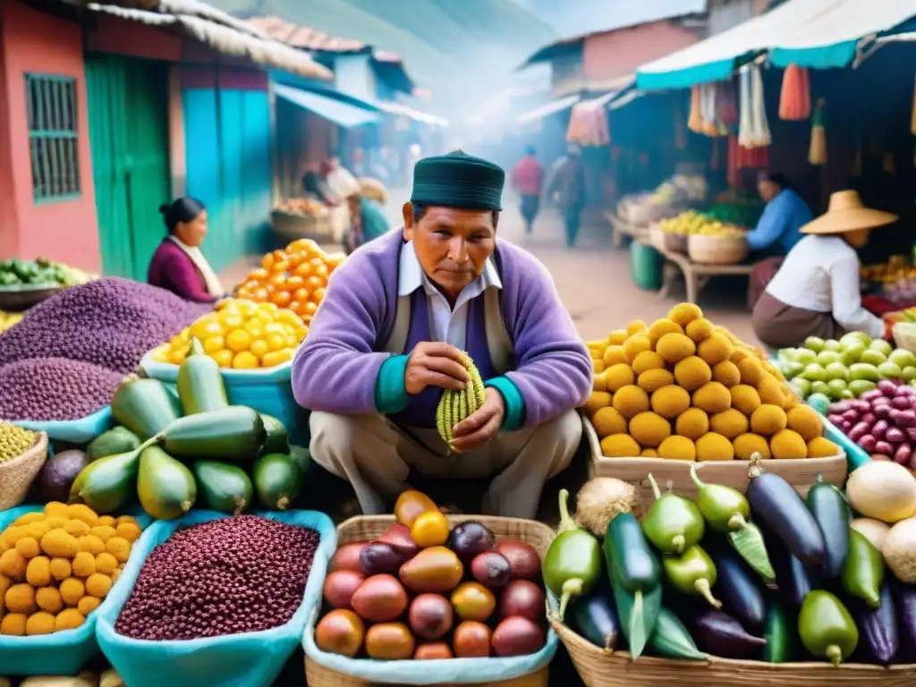 Una escena vibrante en un mercado peruano con colores y sabores únicos, ideal para los amantes de la gastronomía peruana