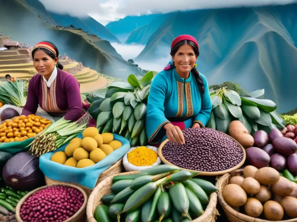 Escena vibrante de mercado peruano con ingredientes autóctonos y vendedores locales, Libros gastronomía peruana recomendados