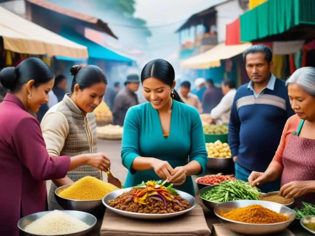 Escena vibrante de un mercado peruano, reflejando la fusión cultural detrás de la receta lomo saltado