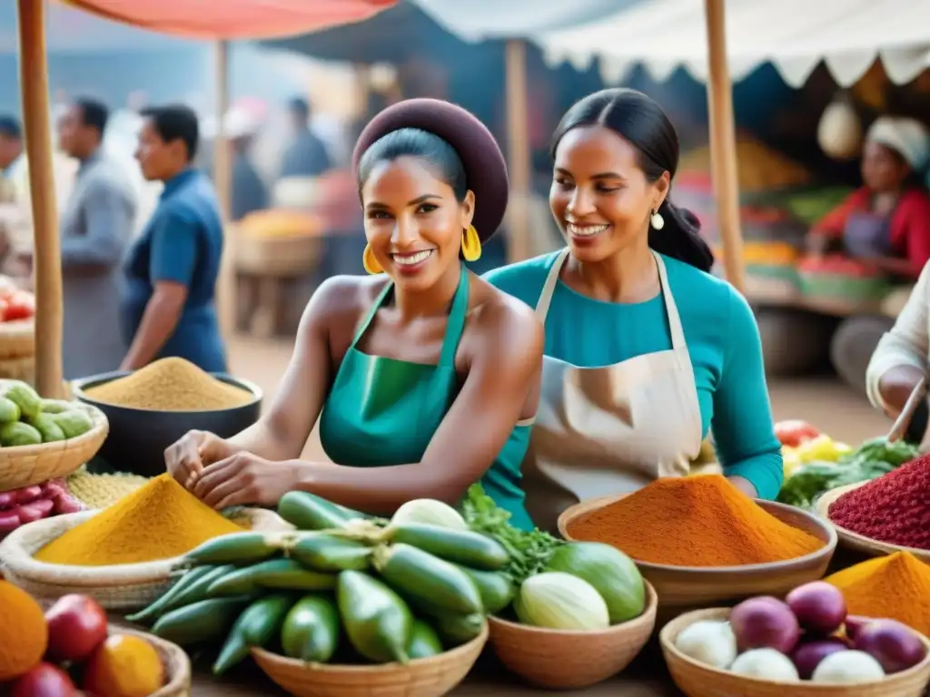 Escena vibrante en mercado peruano con raíces africanas en la cocina, mujeres preparando platos emblemáticos con orgullo