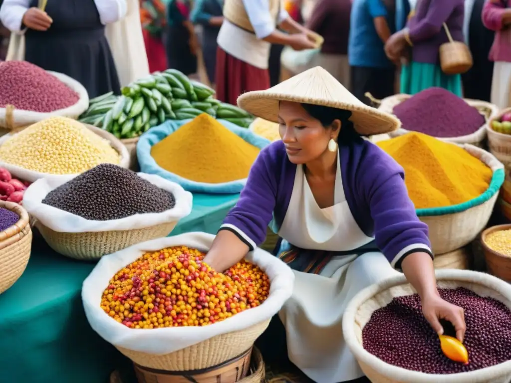 Escena vibrante de mercado peruano con ingredientes nativos