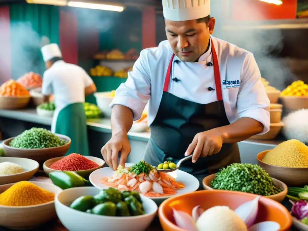 Escena vibrante de un mercado peruano con mariscos frescos, vegetales coloridos y chef preparando ceviche