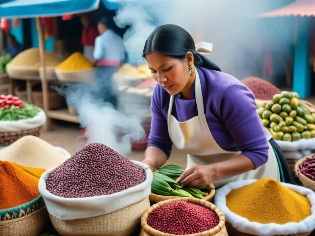 Escena vibrante de un mercado peruano con ingredientes autóctonos y mujeres indígenas en trajes tradicionales