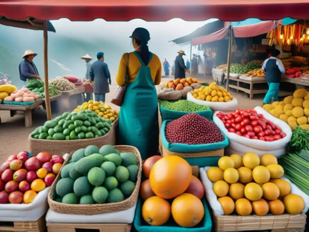 Escena vibrante en mercado peruano con ingredientes coloridos y vendedores preparando platos tradicionales