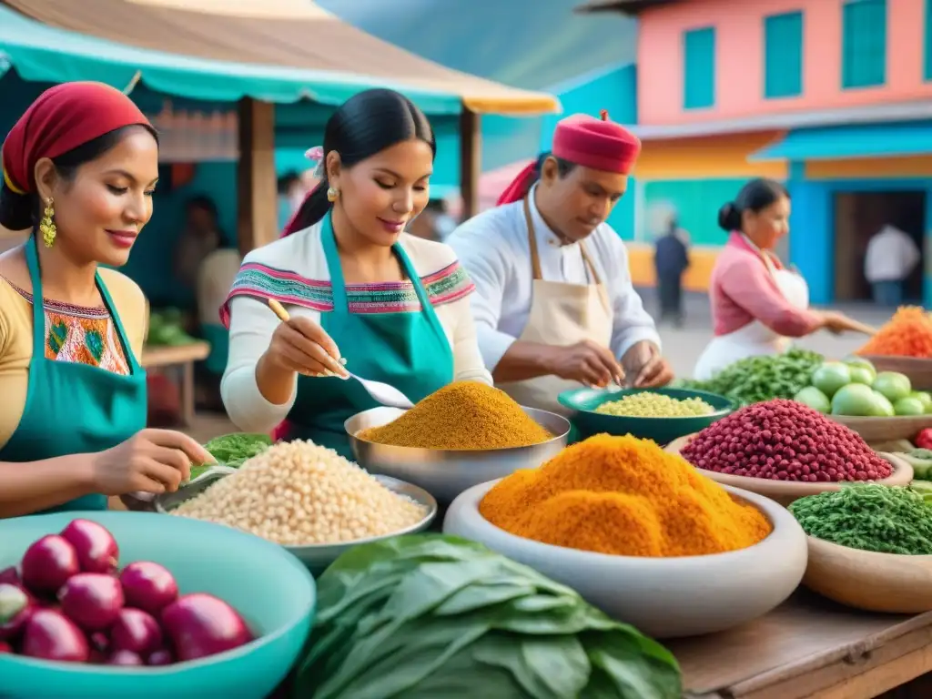 Escena vibrante de un mercado peruano con influencia de la cocina peruana: coloridas frutas, especias y textiles, mujeres preparando ceviche