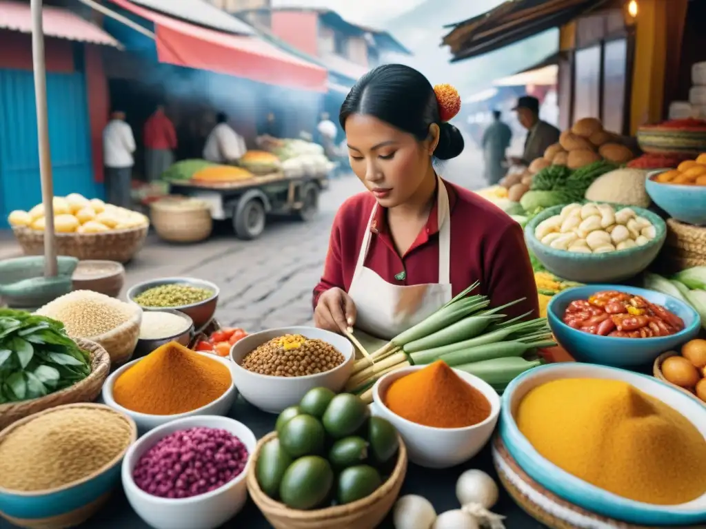 Escena vibrante de mercado peruano con influencia de la cocina peruana: colores, productos frescos y diversidad cultural